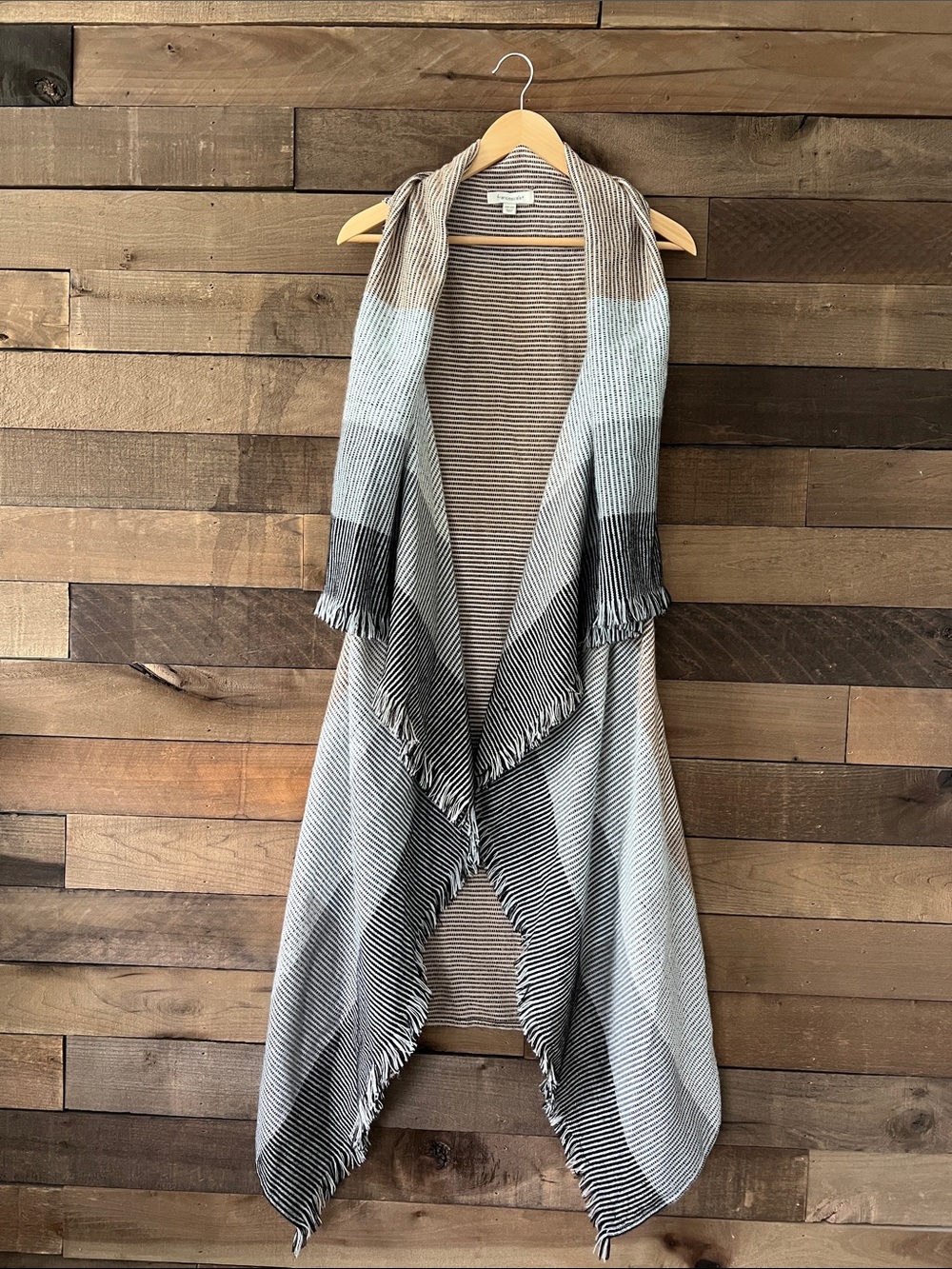 Francesca's Women's Bardot Long Striped Fall Vest Cardigan in Grey One Size